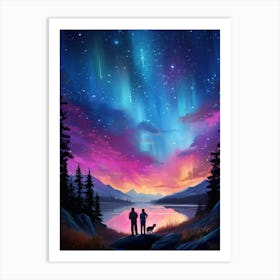Northern Lights - Couple Overlooking Lake Art Print