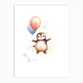 Baby Penguin Flying With Ballons, Watercolour Nursery Art 1 Art Print