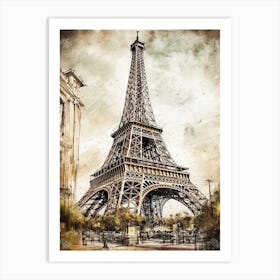Eiffel Tower Paris France Sketch Drawing Style 1 Art Print