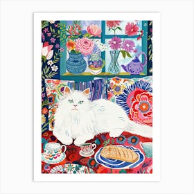 Tea Time With A White Fluffy Cat 3 Art Print