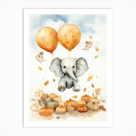 Elephant Flying With Autumn Fall Pumpkins And Balloons Watercolour Nursery 8 Art Print