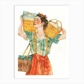 Illustration Of A Woman Carrying Baskets Art Print