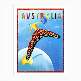 Australia, Man Riding A Boomerang Outside The Planet Art Print
