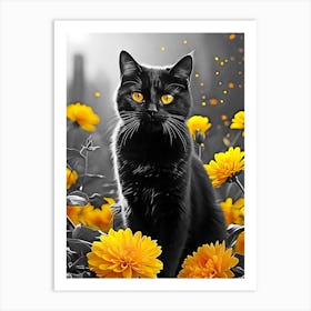 Black cat and yellow chrysanthemum Art Print