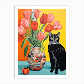 Tulip Flower Vase And A Cat, A Painting In The Style Of Matisse 0 Art Print