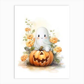Cute Ghost With Pumpkins Halloween Watercolour 151 Art Print