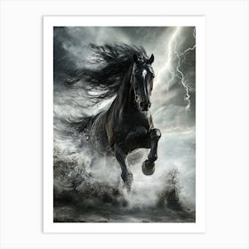 Black Stallion Galloping Through A Storm Art Print