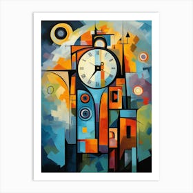Clock Tower 1, Abstract Vibrant Colorful Modern Cubism Style Art Print