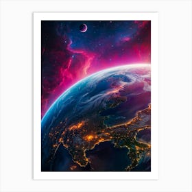 Earth and Moon from Space at Night Art Print