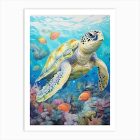Sea Turtle In The Ocean Linograph Illustration 2 Art Print