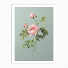 Vintage Pink Rose Turbine Botanical Art on Mint Green n.0938 Art Print