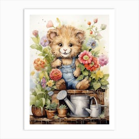 Gardening Watercolour Lion Art Painting 1 Art Print