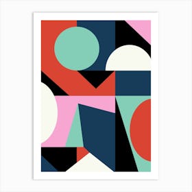 Mid Century Modern Geometric Shapes Abstraction in Mint Green Navy Blue Pink and Red Art Print