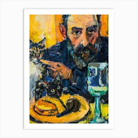 Portrait Of A Man With Cats Having Dinner 2 Art Print