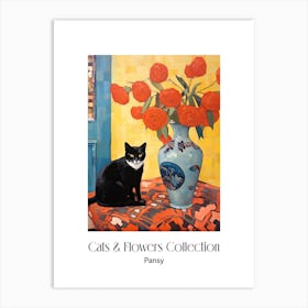 Cats & Flowers Collection Pansy Flower Vase And A Cat, A Painting In The Style Of Matisse 0 Art Print