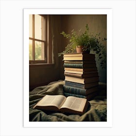 Book Stack On Bed Art Print