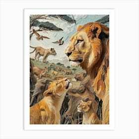 African Lion Relief Illustration Interaction 3 Art Print