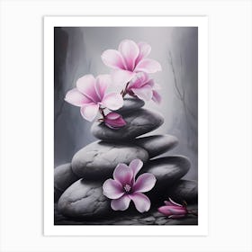 Pink Flowers On Stones Art Print