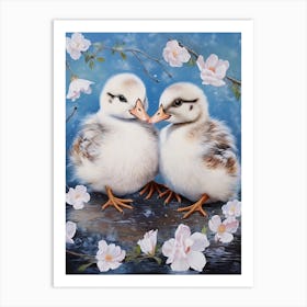 Snowy Winter Ducklings Floral Painting 1 Art Print