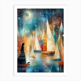 Sailboats At Night Art Print