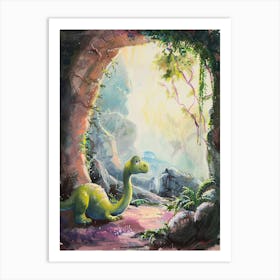 Dinosaur Sheltering From The Rain Storybook Style 3 Art Print