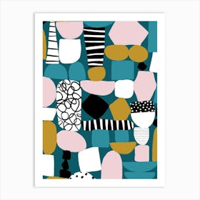 Abstract Shapes Pink Teal White Gold Contemporary Pattern Art Print
