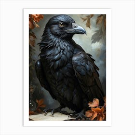 A majestic black raven clutching a sealed letter in its beak, radiating an aura of mystery and intelligence. The bird's sleek feathers glisten in the moonlight, giving off a sense of otherworldly elegance. This captivating scene is depicted in a beautifully detailed oil painting, capturing every nuance of the creature's striking presence. The intricate brushstrokes and rich color palette elevate this piece to a masterpiece of avian artistry Art Print