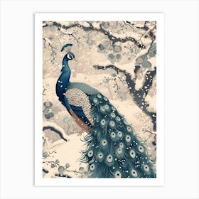 Vintage Peacock Snow Scene 2 Art Print