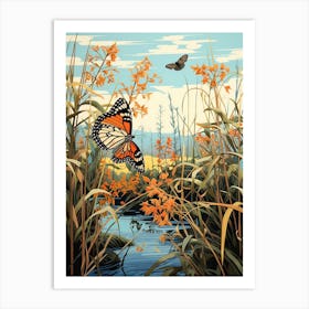 Butterflies In Wild Flowers Japanese Style Painting 6 Art Print