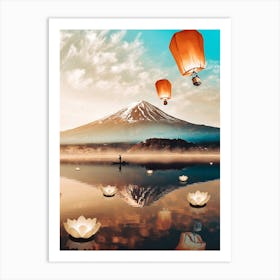 Sky Lanterns Flying and Mount Fuji Art Print