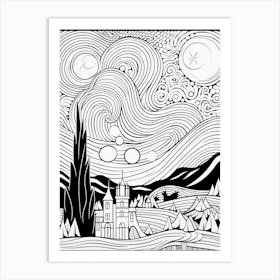 Line Art Inspired By The Starry Night 3 Art Print