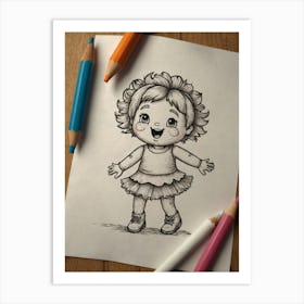 Little Girl Drawing Art Print