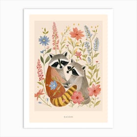 Folksy Floral Animal Drawing Racoon 2 Poster Art Print