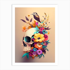 Skull With Bird Motifs Colourful Vintage Floral Art Print