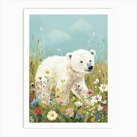 Polar Bear Cub In A Field Of Flowers Storybook Illustration 4 Art Print