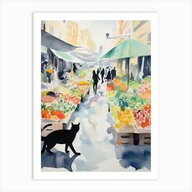 Food Market With Cats In Paris 2 Watercolour Art Print