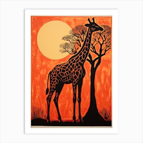 Giraffe, Woodblock Animal  Drawing 6 Art Print