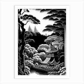 Kenrokuen, Japan Linocut Black And White Vintage Art Print