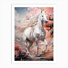 White Horse In Cherry Blossoms Art Print