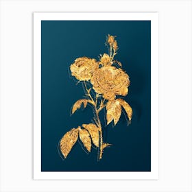 Vintage Purple Roses Botanical in Gold on Teal Blue n.0148 Art Print