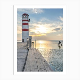 Red and White Lighthouse At Sunset Art Print