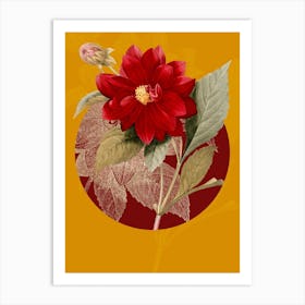 Vintage Botanical Double Dahlias on Circle Red on Yellow n.0214 Art Print