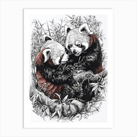 Red Panda Playing Together In A Meadow Ink Illustration 3 Art Print