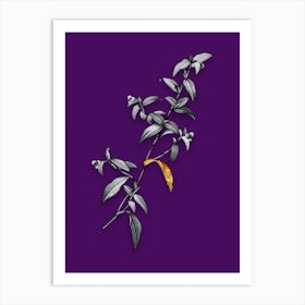 Vintage Birdbill Dayflower Black and White Gold Leaf Floral Art on Deep Violet n.0178 Art Print