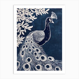 Navy Blue Inspired Peacock With Leaves 2 Art Print