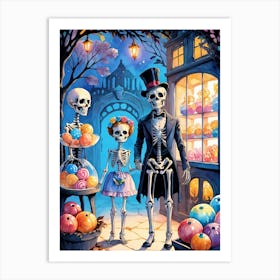 Cute Halloween Skeleton Family Painting (2) Art Print