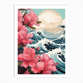 Great Wave With Rhododendron Flower Drawing In The Style Of Ukiyo E 2 Art Print
