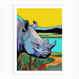 Simple Line Illustration Rhino By The River 3 Art Print