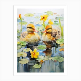Ducklings Swimming Mixed Media Collage 2 Art Print