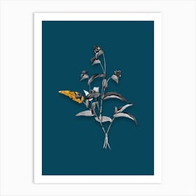 Vintage Blue Spiderwort Black and White Gold Leaf Floral Art on Teal Blue Art Print